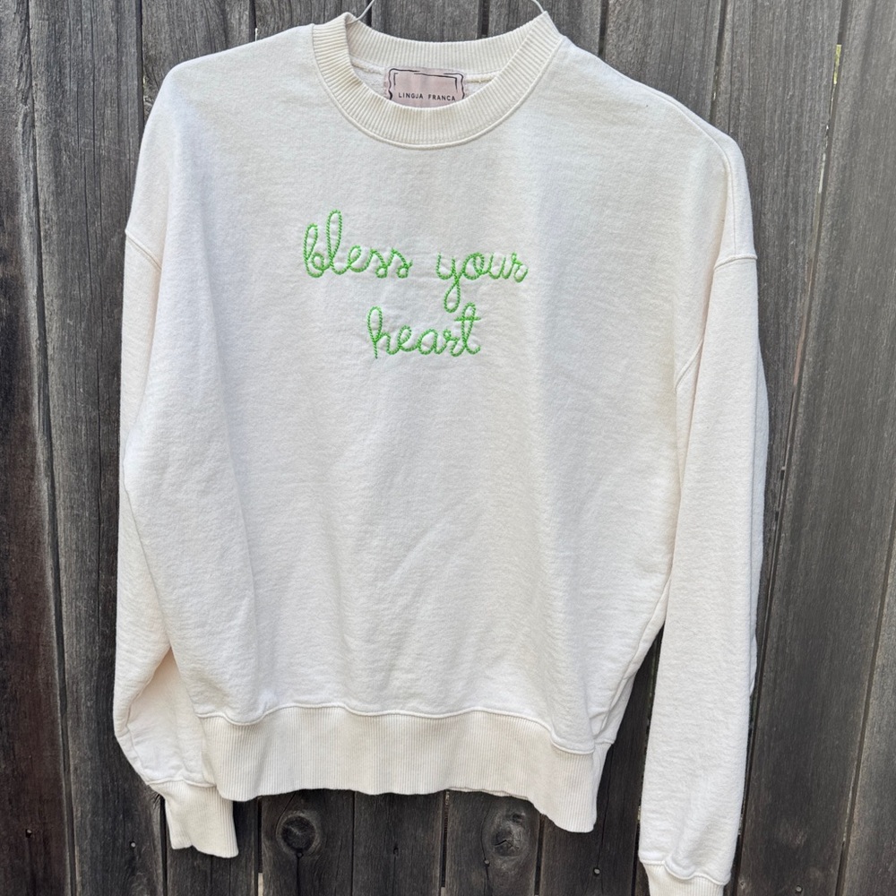 Lingua Franca Cream Sweatshirt with Green Embroidery